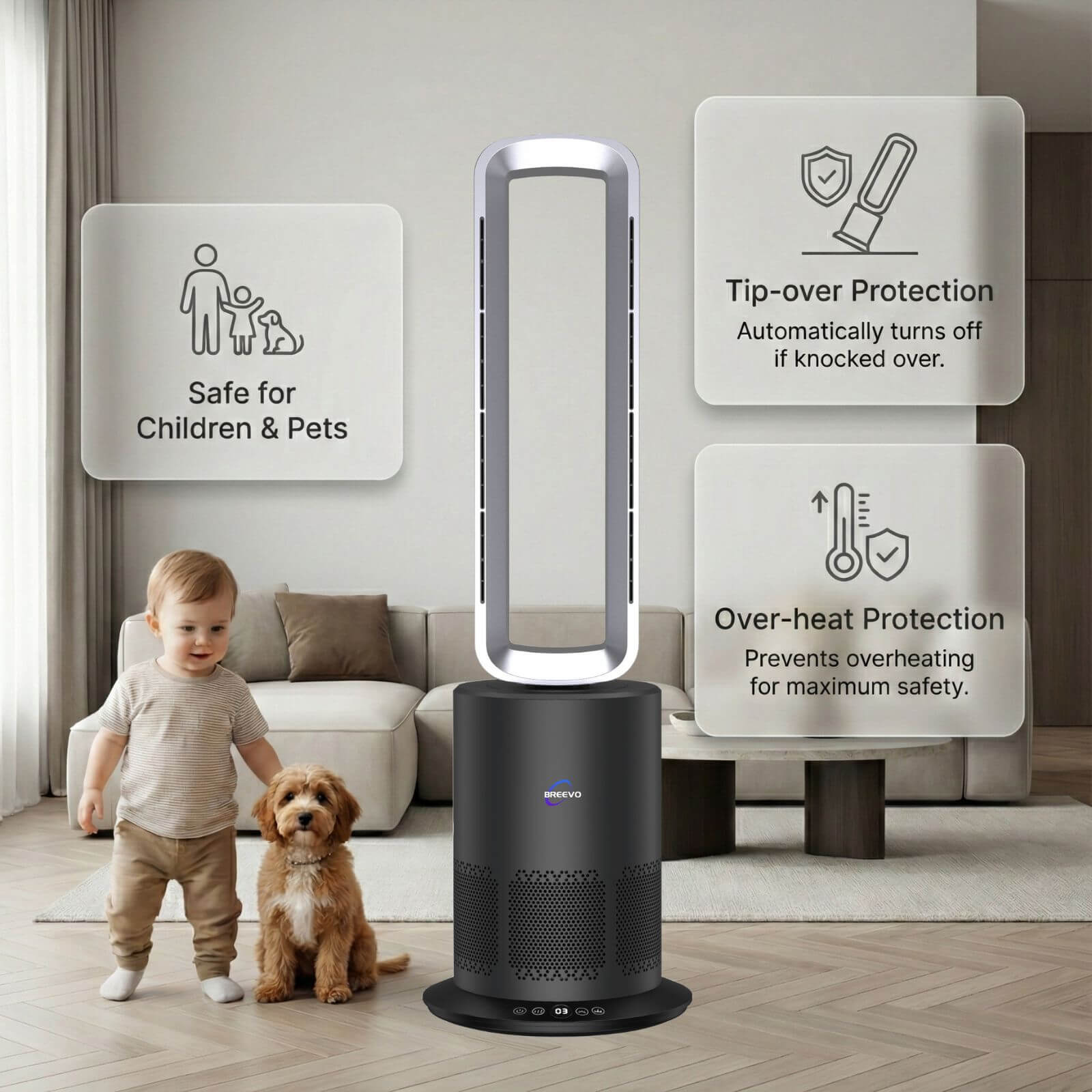 Breevo PureAir bladeless air purifier fan shown in a family living room, designed to be safe for children and pets