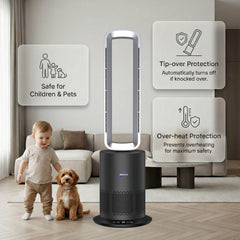 Breevo PureAir bladeless air purifier fan shown in a family living room, designed to be safe for children and pets