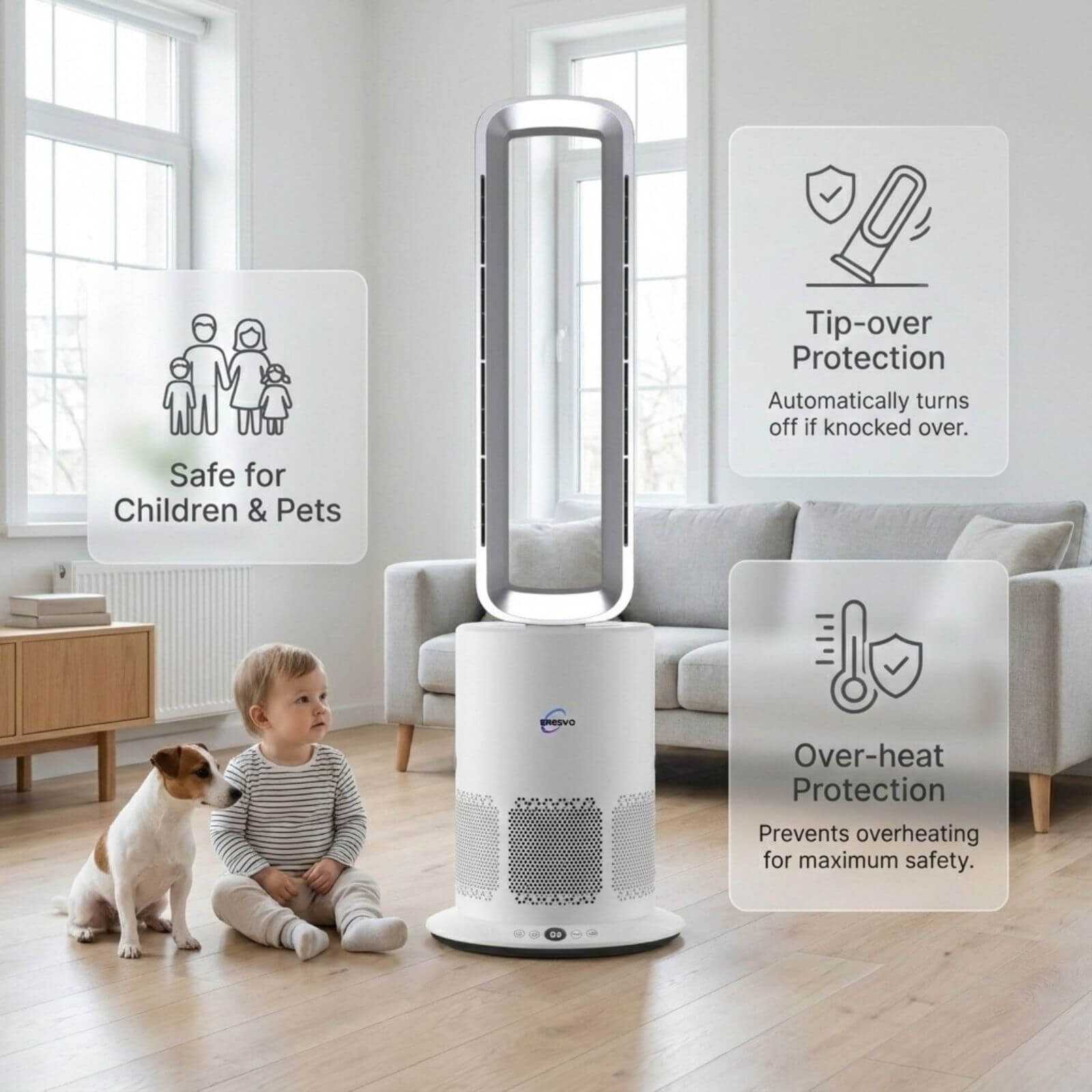 Breevo PureAir bladeless air purifier fan designed with safety features for children and pets