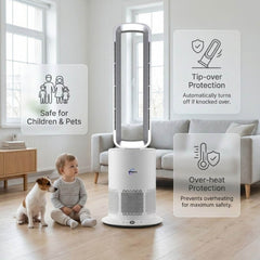 Breevo PureAir bladeless air purifier fan designed with safety features for children and pets