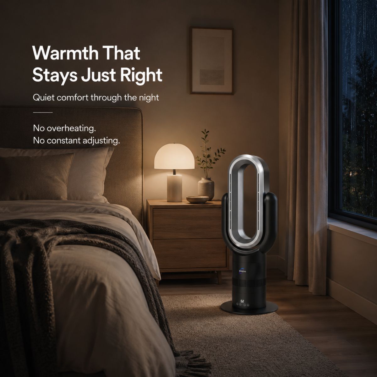Bedroom warmth from Breevo ThermalFlow Pro Black bladeless tower heater for NZ winter