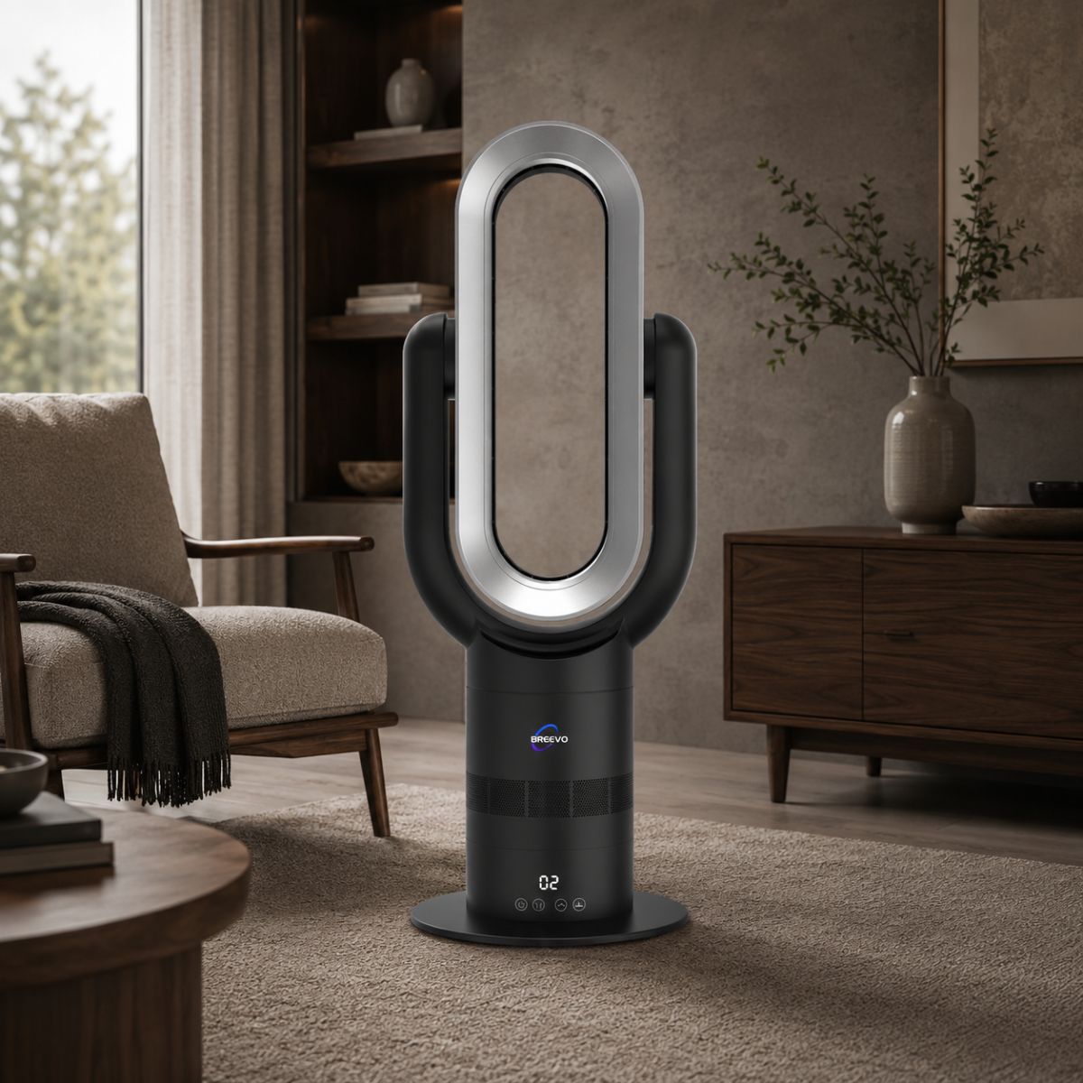Breevo ThermalFlow Pro Black bladeless tower fan heater with thermostat — studio product image