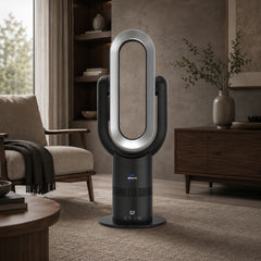 Breevo ThermalFlow Pro Black bladeless tower fan heater with thermostat — studio product image