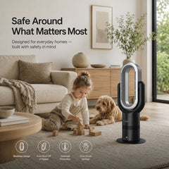 Child-safe bladeless design of Breevo ThermalFlow Pro Black around a baby