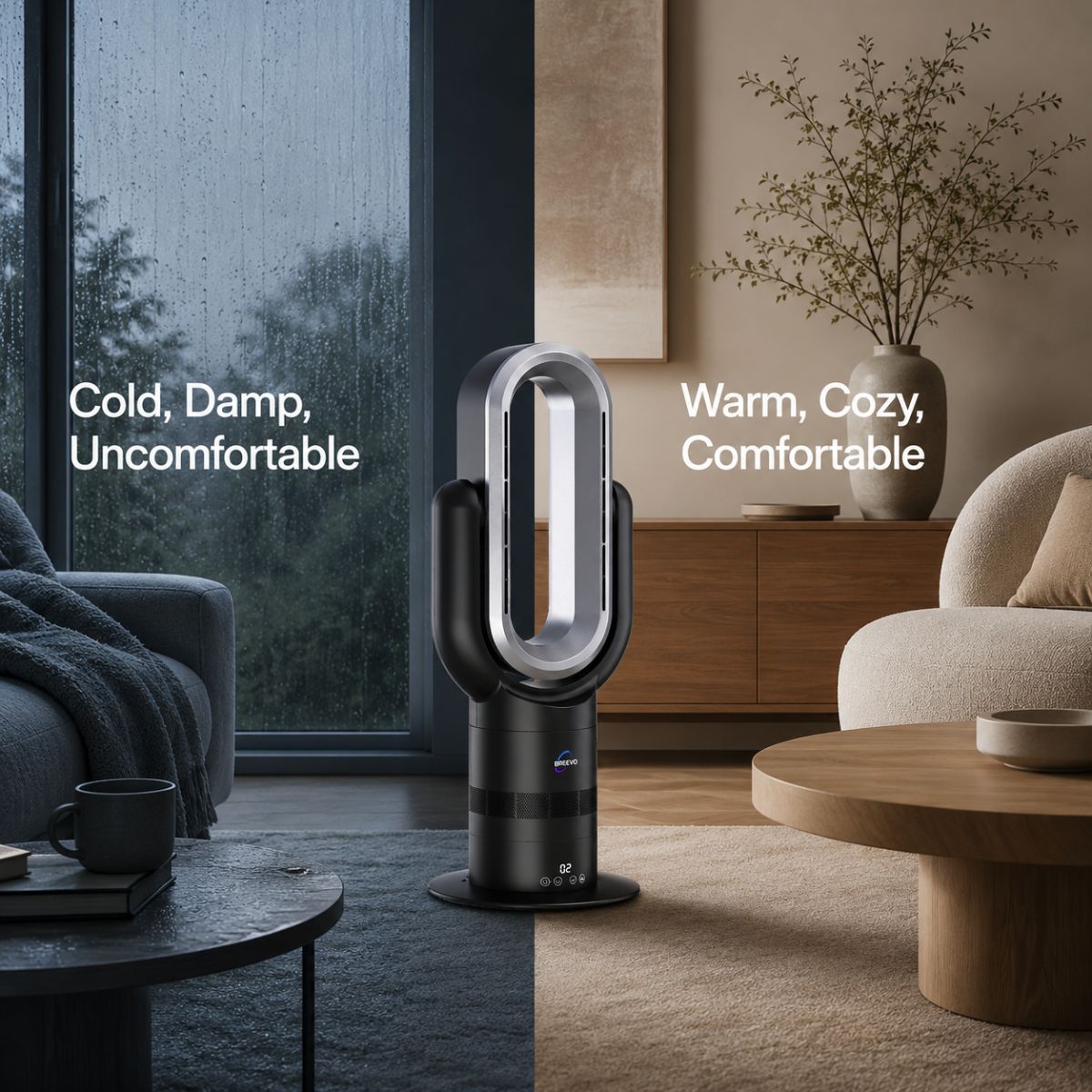Cold damp room versus warm calm room heated by Breevo ThermalFlow Pro Black bladeless heater
