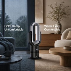 Cold damp room versus warm calm room heated by Breevo ThermalFlow Pro Black bladeless heater