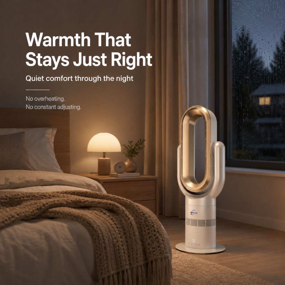 Bedroom warmth from Breevo ThermalFlow Pro Gold bladeless tower heater for NZ winter