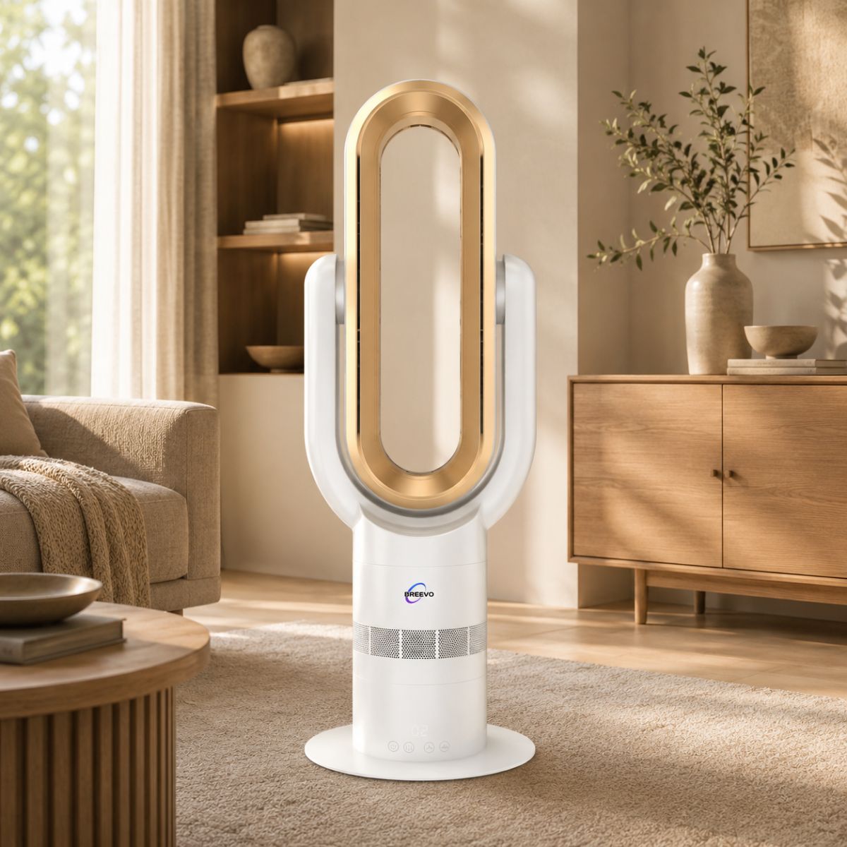 Breevo ThermalFlow Pro Gold bladeless tower fan heater with thermostat — studio product image