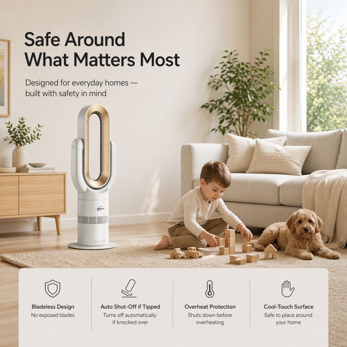 Child-safe bladeless design of Breevo ThermalFlow Pro Gold around a baby