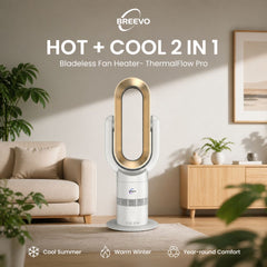 Breevo ThermalFlow Pro Gold hot and cool 2-in-1 bladeless tower fan heater feature overview