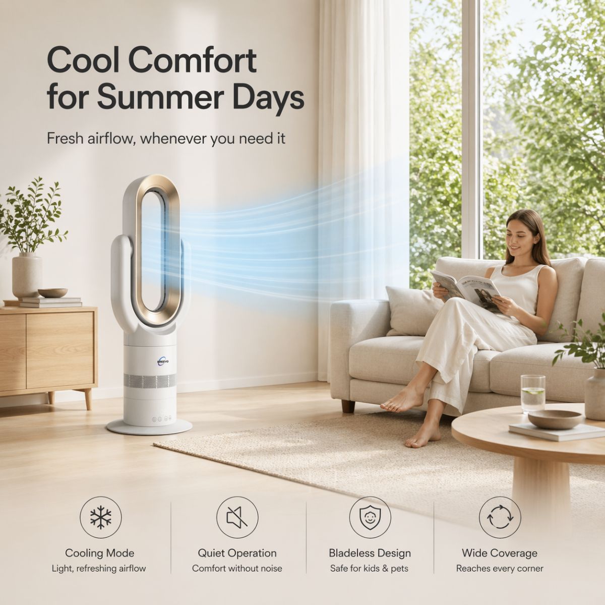 Cool summer breeze from Breevo ThermalFlow Pro Gold bladeless tower fan