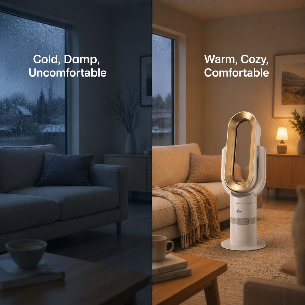 Cold damp room versus warm calm room heated by Breevo ThermalFlow Pro Gold bladeless heater with thermostat
