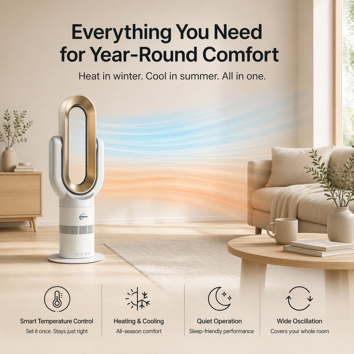 Breevo ThermalFlow Pro Gold 2-in-1 hot and cool bladeless tower fan heater for year-round comfort