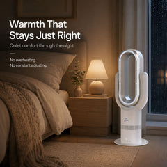 Bedside Breevo ThermalFlow Pro White bladeless heater delivering warmth that stays just right