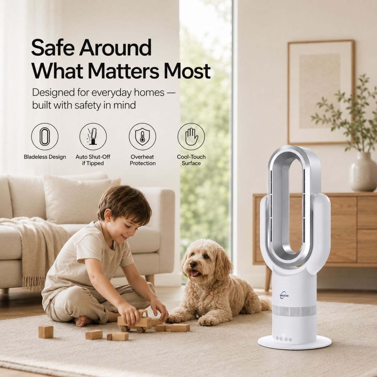 Toddler-safe bladeless design — Breevo ThermalFlow Pro White around a young child