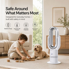 Toddler-safe bladeless design — Breevo ThermalFlow Pro White around a young child