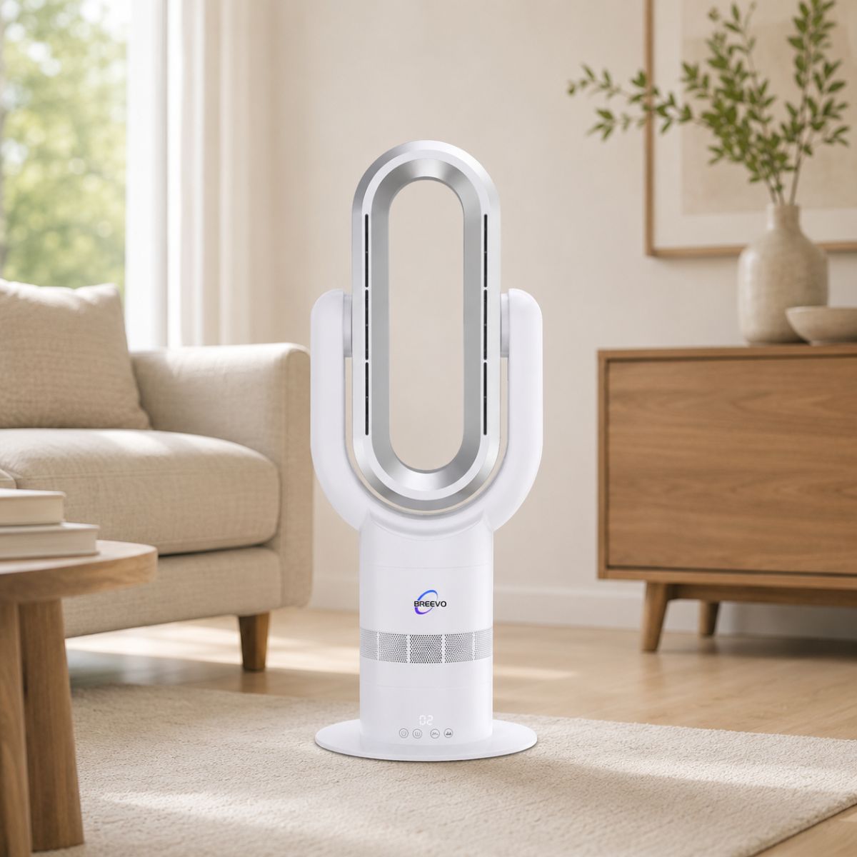 Breevo ThermalFlow Pro White bladeless tower fan heater with thermostat — studio product image