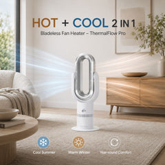 Breevo ThermalFlow Pro White hot + cool 2-in-1 bladeless heater fan feature graphic