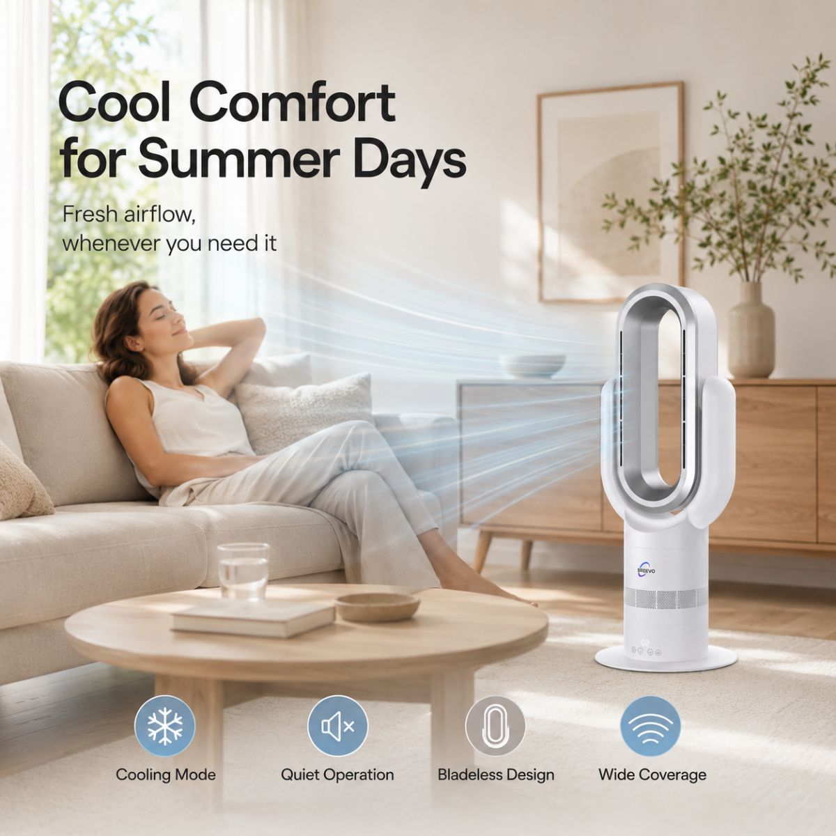 Living-room summer cool comfort from Breevo ThermalFlow Pro White bladeless tower fan