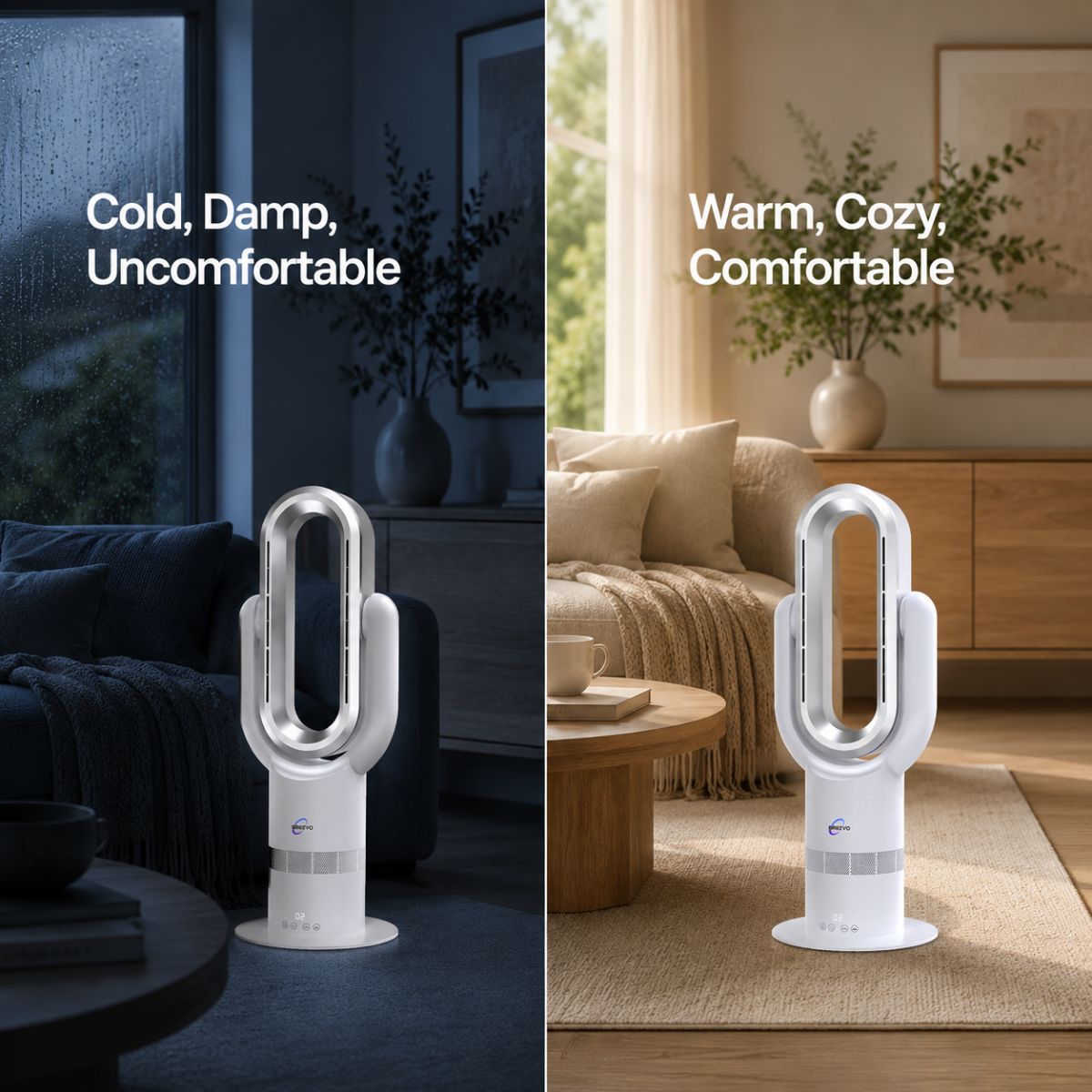 Cold and damp versus warm and calm bedroom heated by Breevo ThermalFlow Pro White