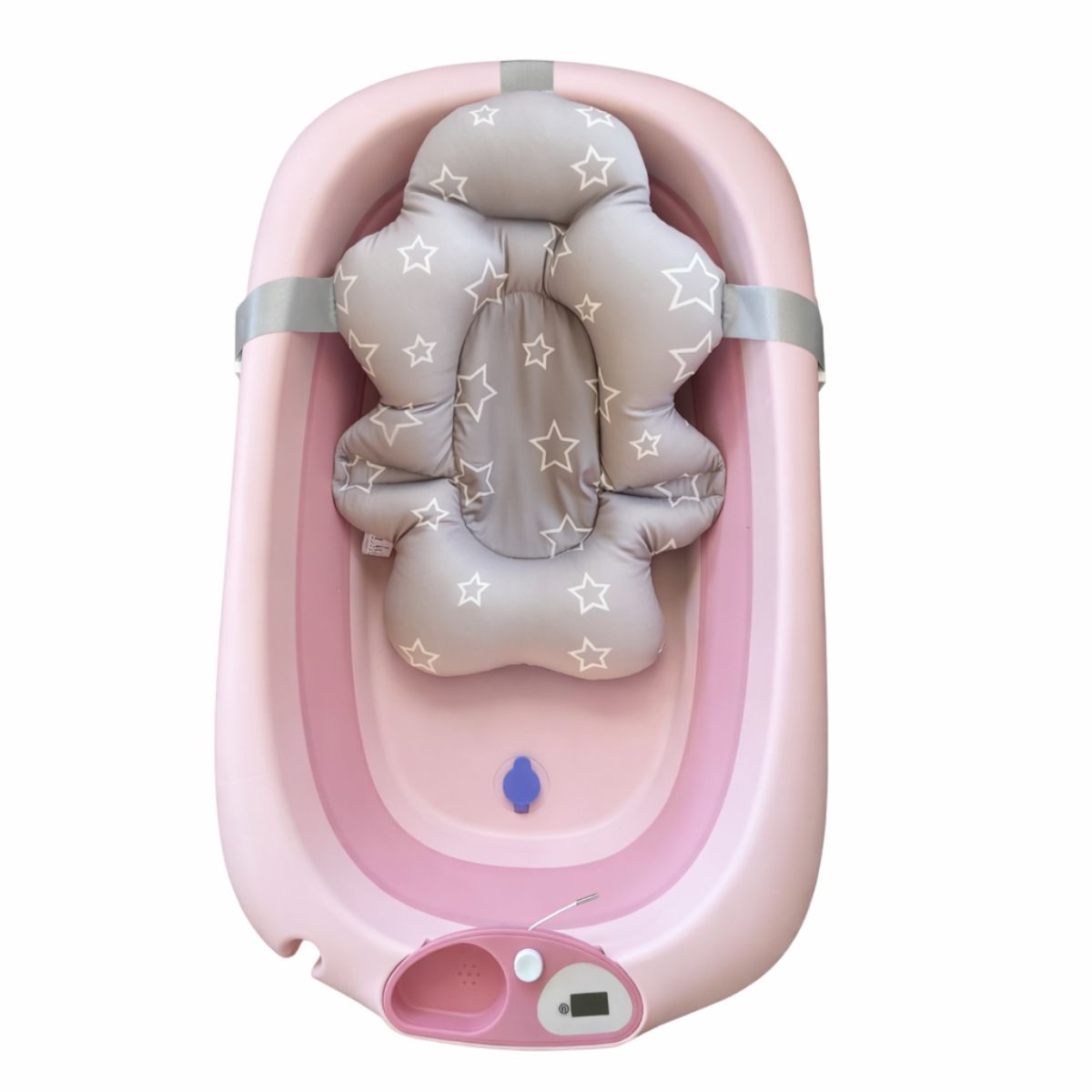 Pink foldable baby bath tub with grey star-pattern cushioned bath seat inside, featuring adjustable straps, drain plug and digital temperature display
