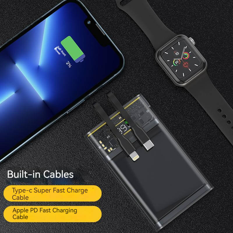10000mah Display Power Bank/ Portable Charger With Built-in Cables (Type C, Lightning) with a phone and smart watch