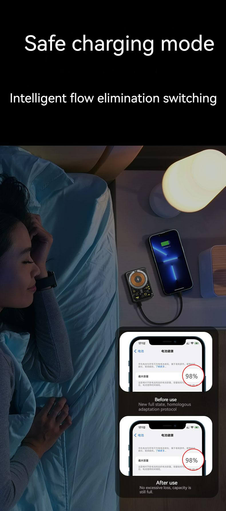 10000mah Black Magnetic Magsafe Wireless Power Bank/ Portable Charger with a sleeping woman