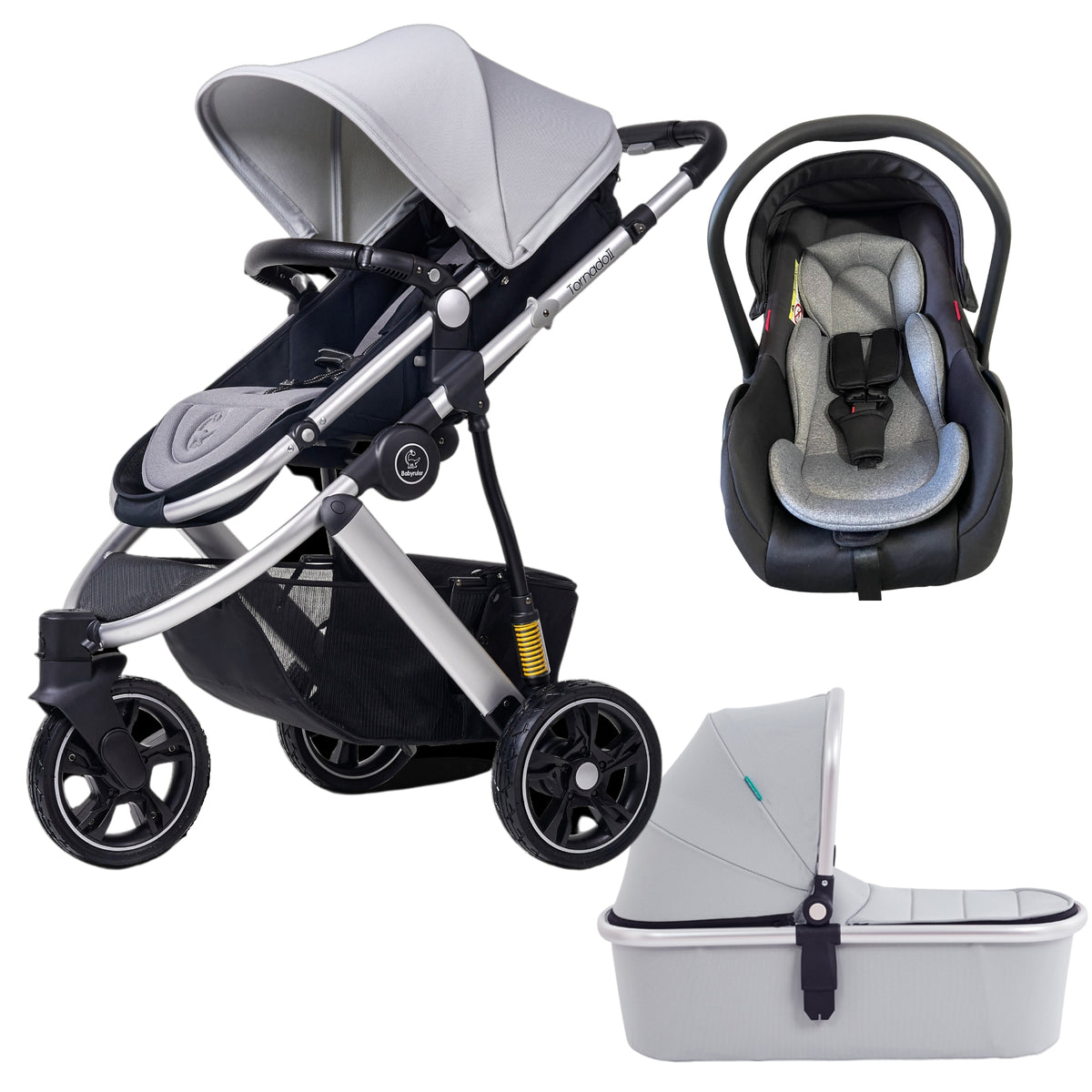 Grey Three Wheels Baby Stroller, Infant Carry Cot & Baby Car Seat Set