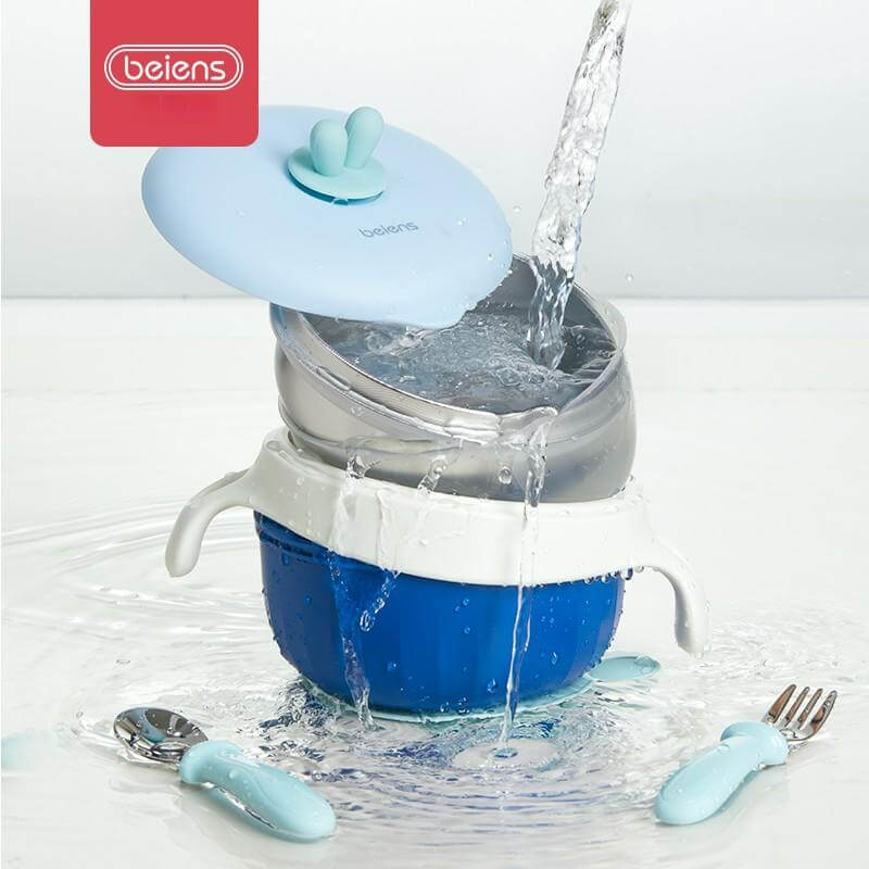 Baby Toddler Suction Cup Set Kids Tableware Thermal Stainless Steel Bowl Blue