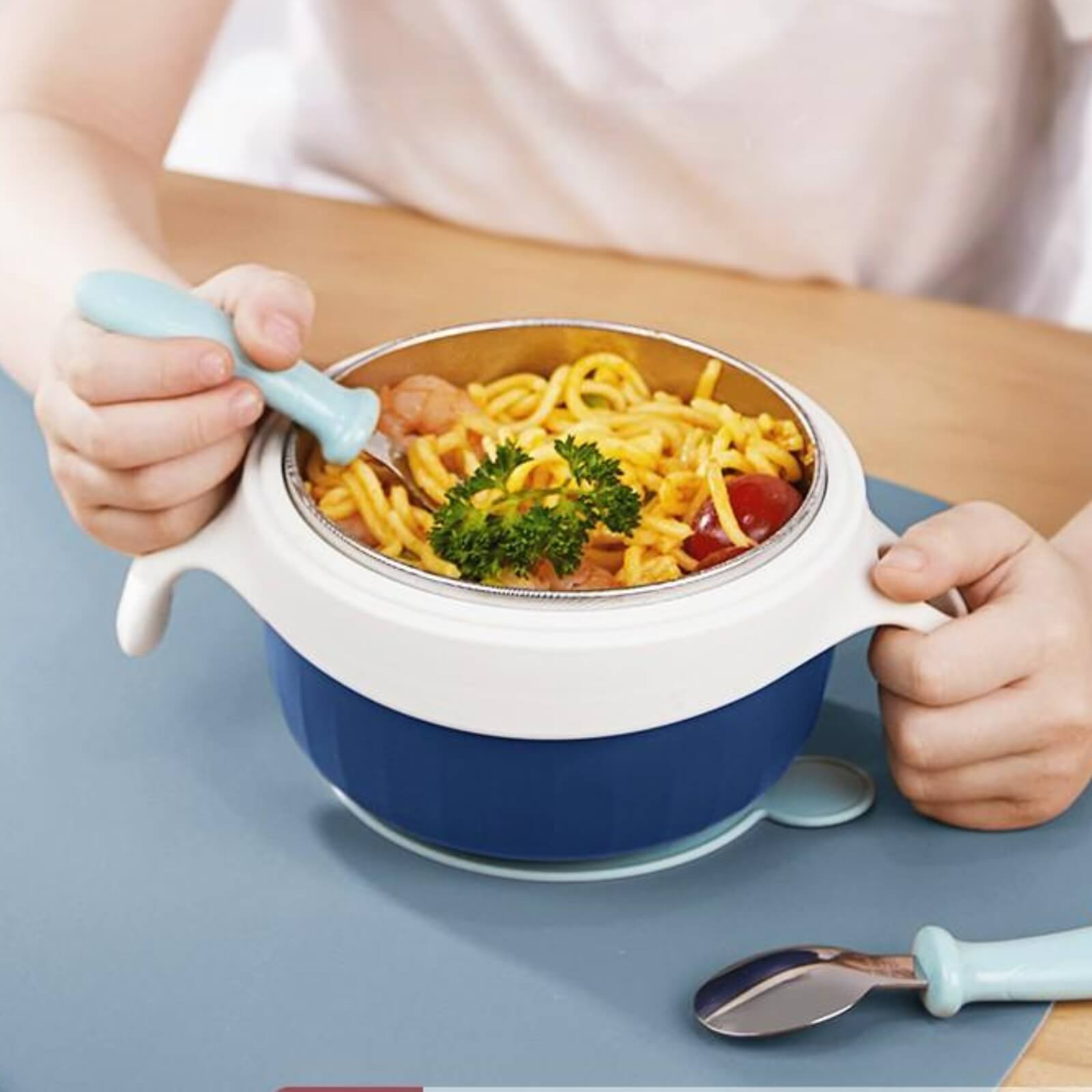 Baby-Toddler-Suction Cup Set Kids Tableware Thermal Stainless Steel Bowl with food blue clolor