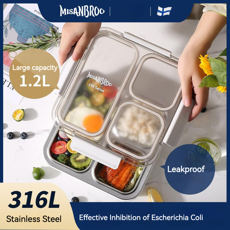 Insulated 316L Stainless Steel Bento Lunch Box 1200ml Grey with food