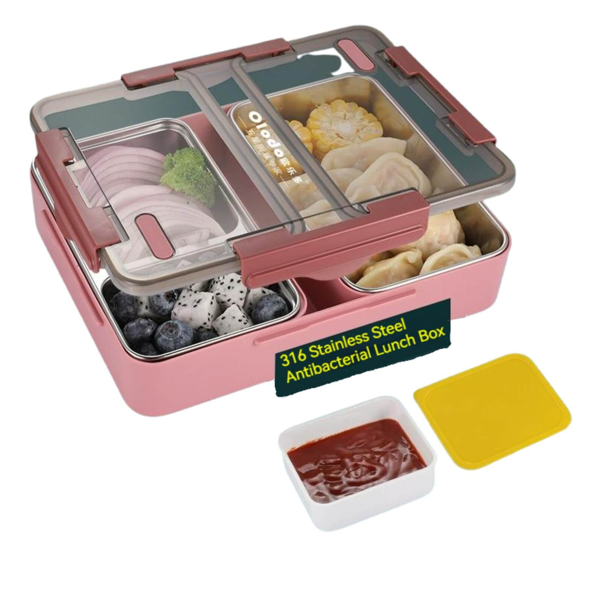 Pink stainless lunch box with food