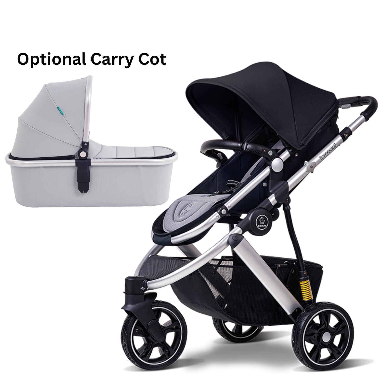 Black Three Wheels Baby Stroller Baby Pram with grey carry cot