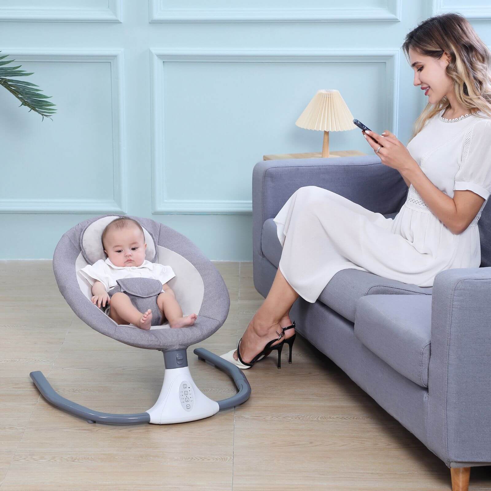 Smart Baby Swing Cradle Rocker Bed/ Bouncer Seat Infant Crib Remote Chair with a mum and baby
