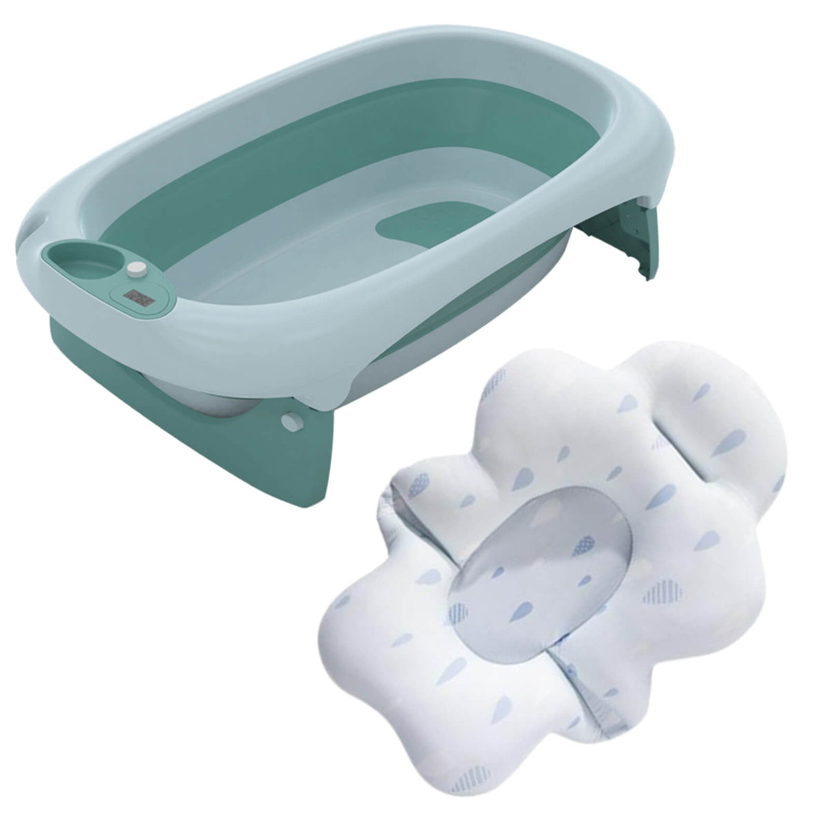 Foldable Baby Bath Tub & Soft Drying Bath Seat -Green/ Blue