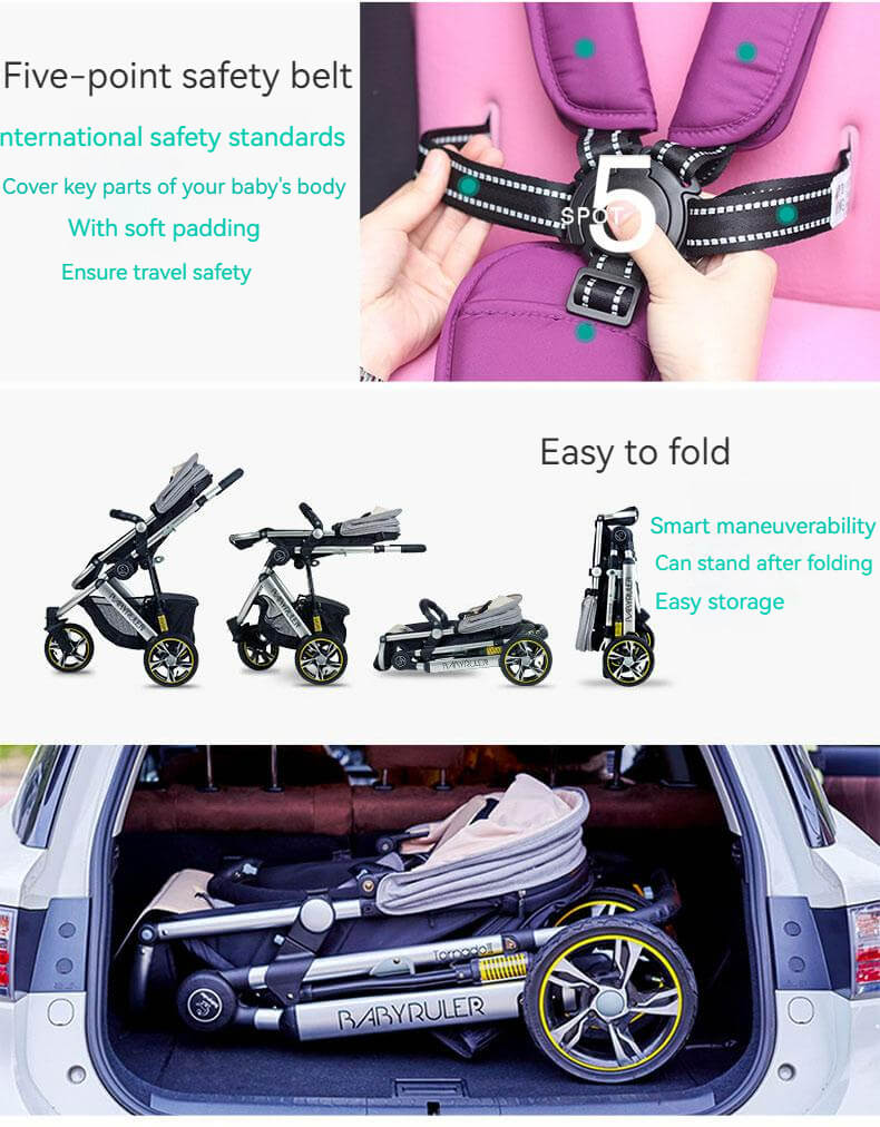 Three Wheels Baby Stroller Baby Pram five point safety belt